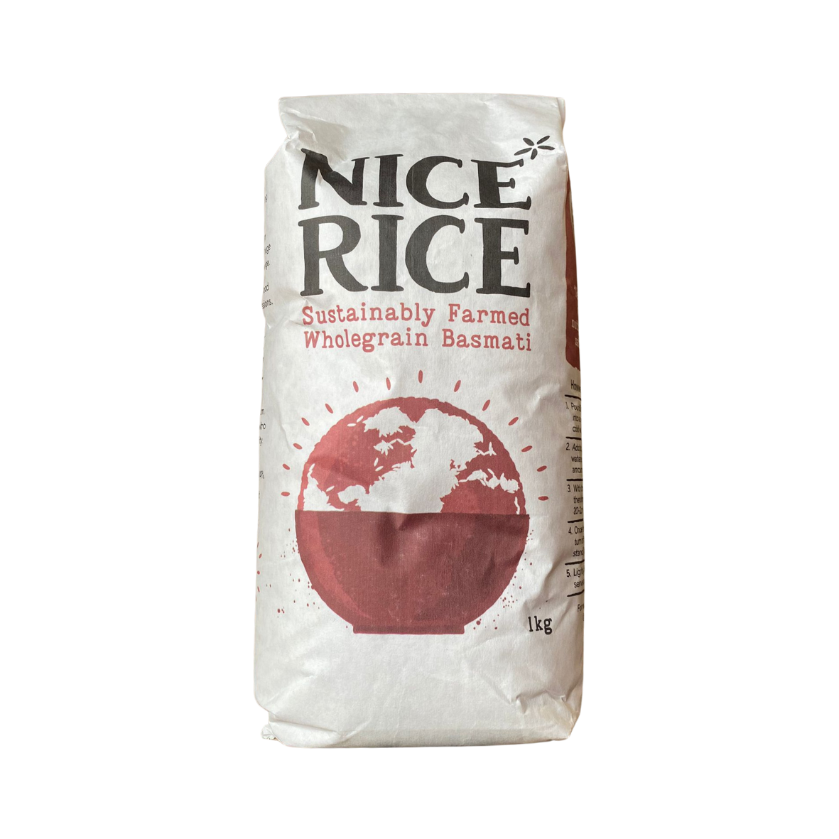 Bag of Nice Rice sustainably farmed wholegrain basmati rice on a white background