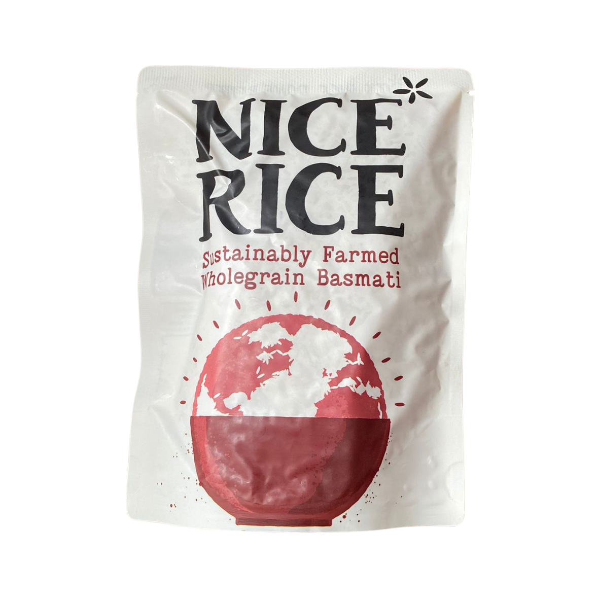 Bag of Wholegrain Basmati Rice by Nice Rice with a red and white design on a white background.