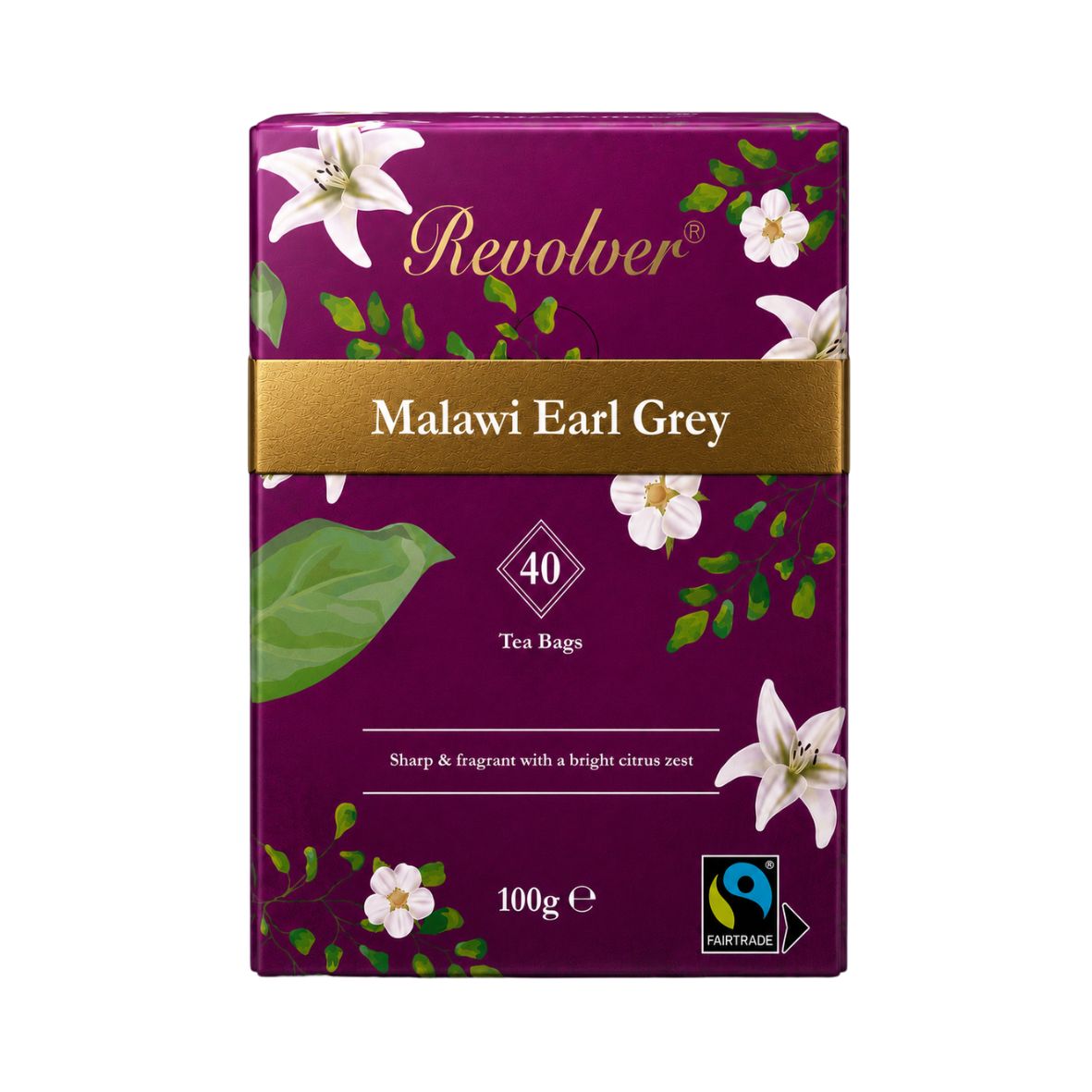 Revolver Malawi Earl Grey tea bags in a purple box with white flowers, green leaves, and a gold band across the middle. A Fairtrade certification logo is visible in the bottom right corner.