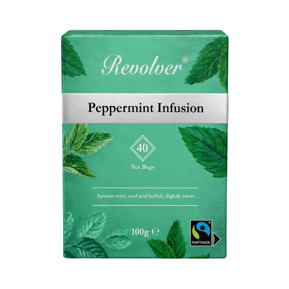 A rectangular box of Revolver Peppermint Infusion tea bags, featuring a green design with illustrations of mint leaves and a silver band across the middle.
