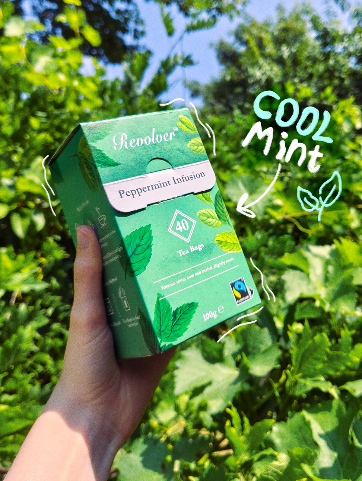 A hand holds a green box of Revolver Peppermint Infusion tea bags outdoors against a background of lush green foliage and blue sky. The words 'COOL Mint' are written in a stylized font on the right with a leaf graphic.