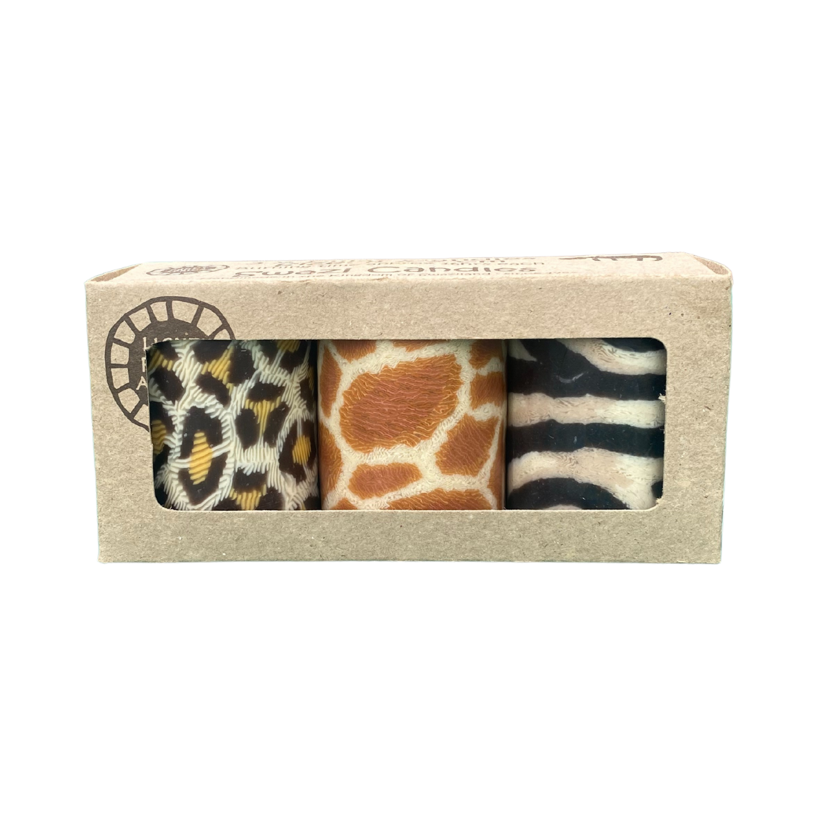 A triple pack of hand crafted Swazi church candles with 3 different animal print designs, there is leopard, giraffe and zebra print.  They are in a craft box on a white background.