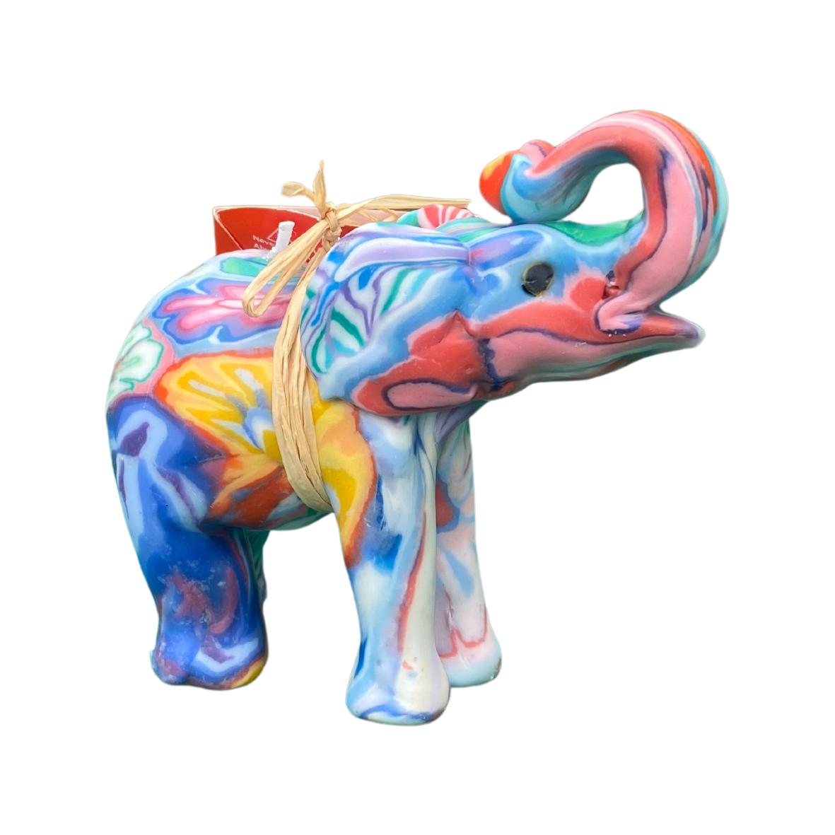 An African elephant candle with a multi coloured design, handcrafted in Swaziland.