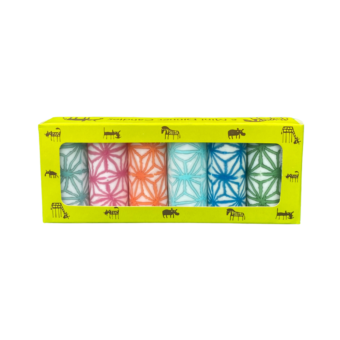 A pack of 6 dinner candles, each with a different colour web design in a yellow box with African animals.