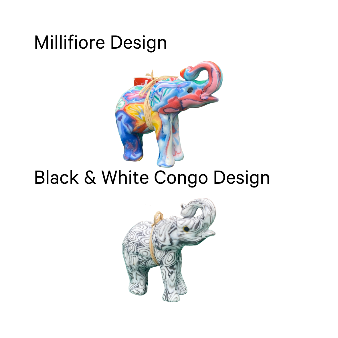 Two elephant candles handcrafted in Swaziland.  The top elephant has multi coloured millifiore design and the bottom elephant has a black and white African congo design.