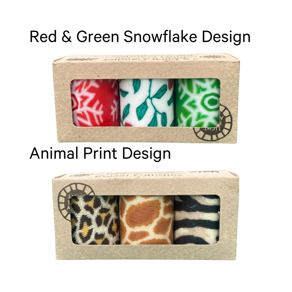 Two triple packs of church candles with different designs.  The top design has Christmas designs:  red with white snowflake, white with green holly, green with white snowflake.  The bottom design has three different animal prints.