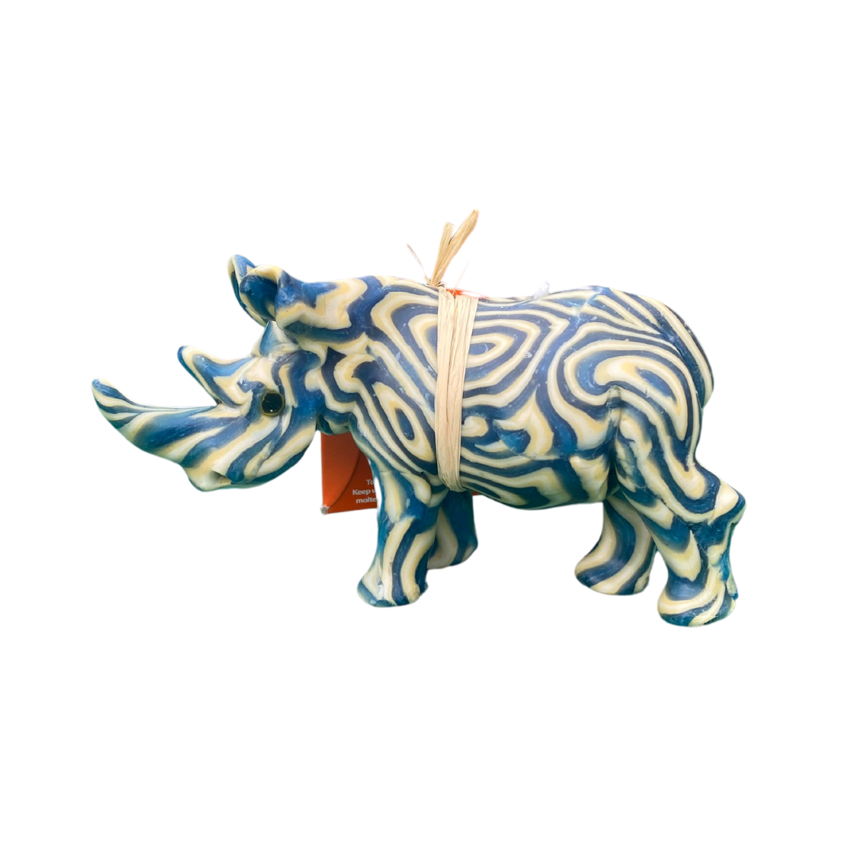 A handcrafted blue and white striped mini rhino candle with a natural looking horn.  Hand crafted in the Kingdom of Eswatini, formerly Swaziland, at Swazi Candles.