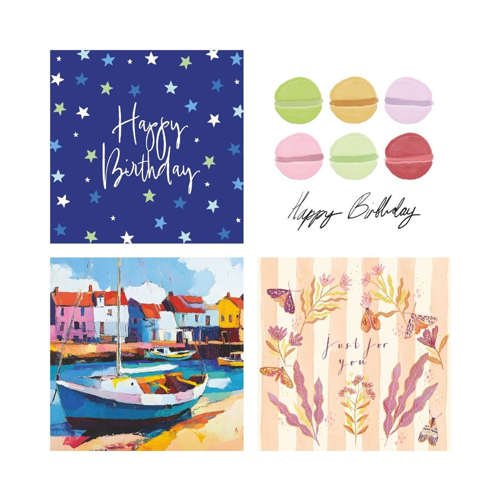 Collection of greeting cards with different designs and 'Happy Birthday' text.