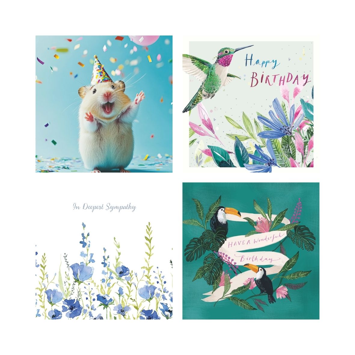 Four different greeting cards with various designs on a white background