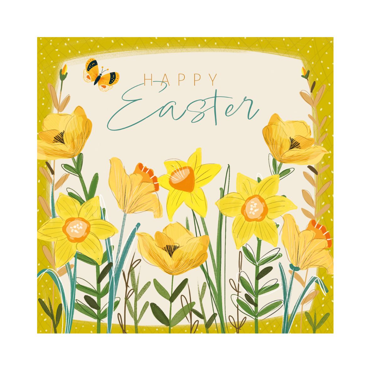 Easter card with yellow flowers and 'Happy Easter' text on a mustard coloured border.