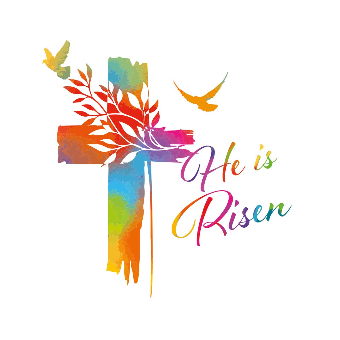 Colorful cross with 'He is Risen' text on a white background