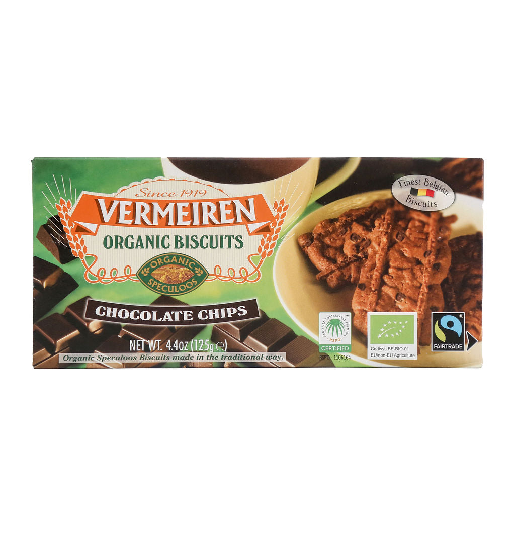 Packaging of Vermeiren Organic Biscuits Wheat Speculoos with images of the biscuits on a plate and wheat in the background.