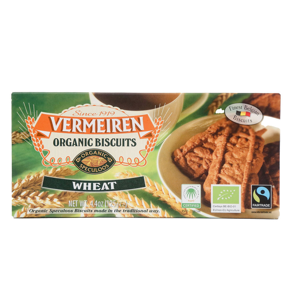 Packaging of Vermeiren Organic Biscuits Wheat Speculoos with images of the biscuits on a plate and wheat in the background.