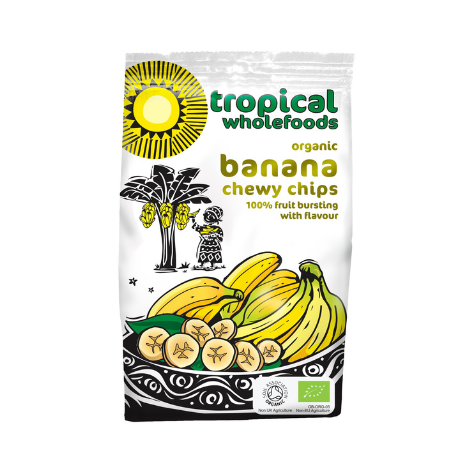 Packaging of Tropical Wholefoods organic banana chewy chips with an illustration of a banana tree and bananas slices.