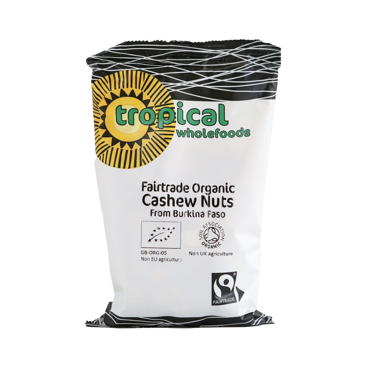 Packaging of Tropical Wholefoods Fairtrade Organic Cashew Nuts, indicating the product is organic and fairtrade.
