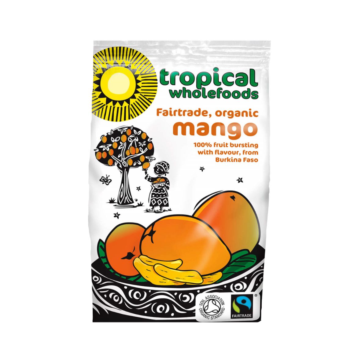 Tropical Wholefoods fairtrade organic mango packaging on a white background