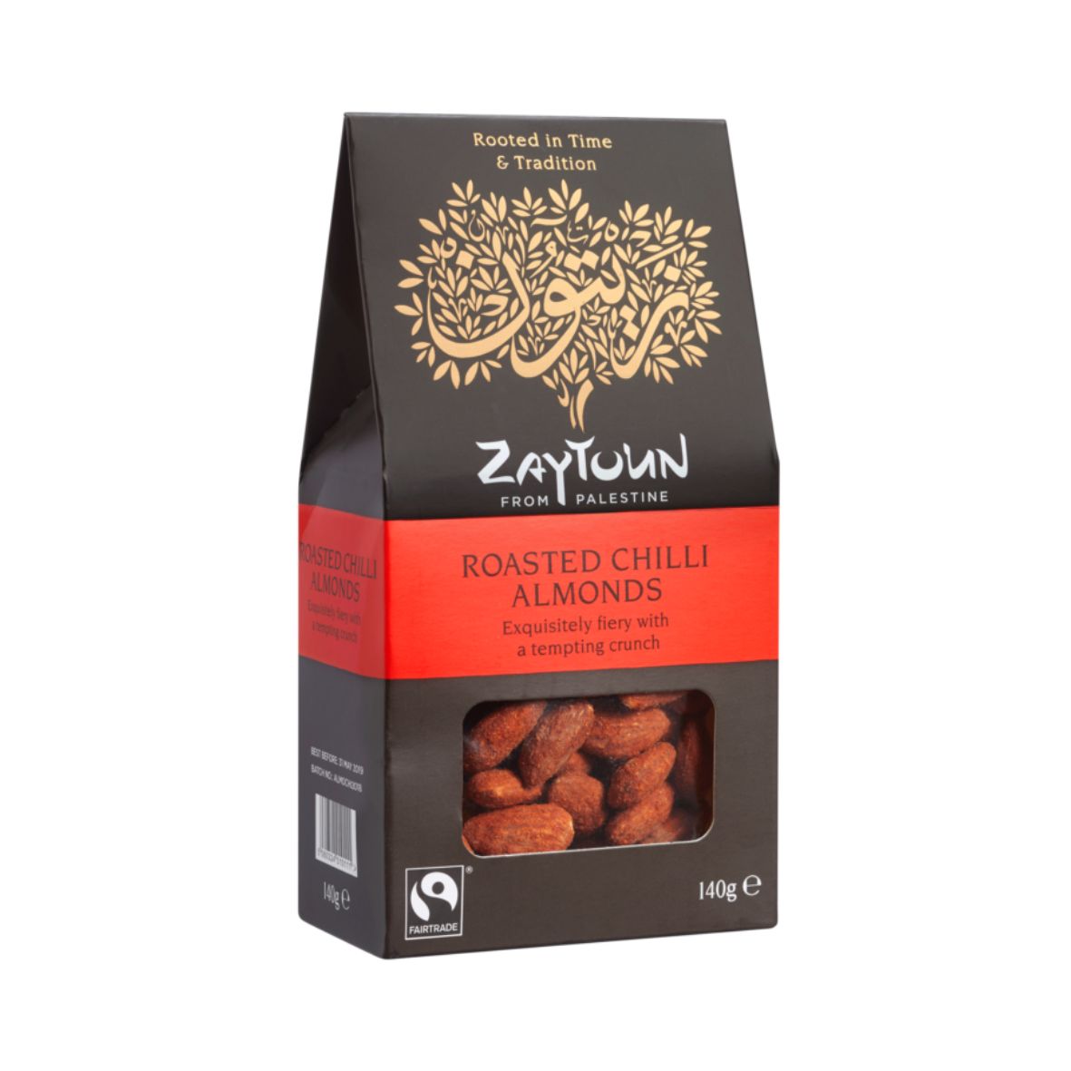 A box of Zaytoun Fairtrade roasted chilli almonds from Palestine.