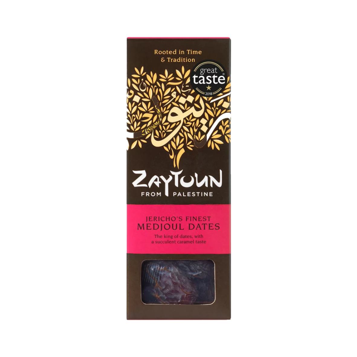 Packaging of Jericho's Finest Medjoul Dates (250g) by Zaytoun with a window showing the dates inside.