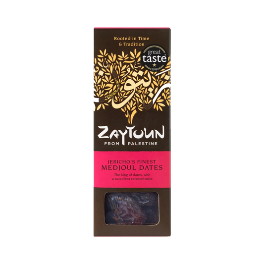 Packaging of Jericho's Finest Medjoul Dates (250g) by Zaytoun with a window showing the dates inside.