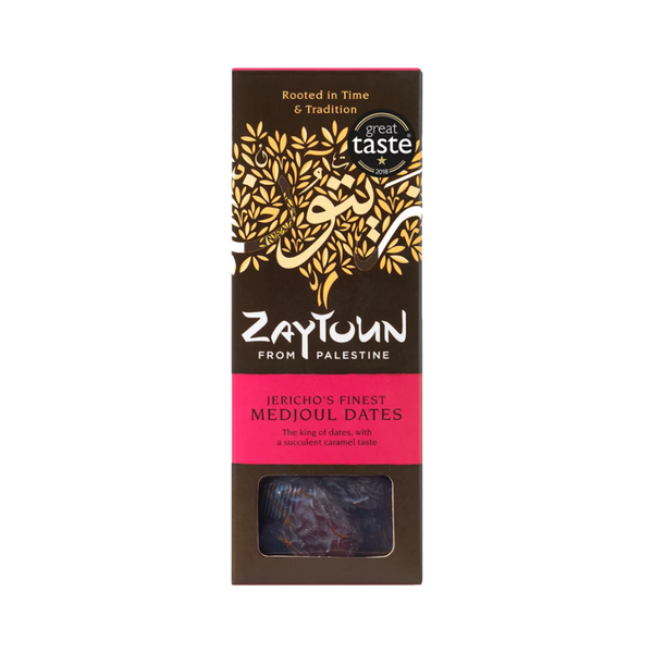 Packaging of Jericho's Finest Medjoul Dates (250g) by Zaytoun with a window showing the dates inside.