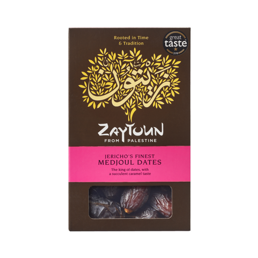 Packaging of Jericho's Finest Medjoul Dates (500g) by Zaytoun with a window showing the dates inside.