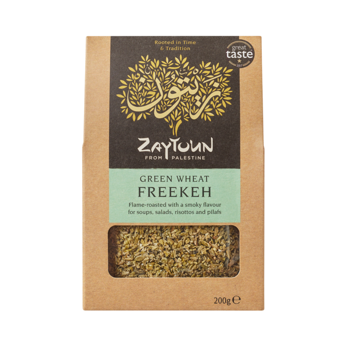 A packet of Zaytoun green wheat freekah from Palestine.