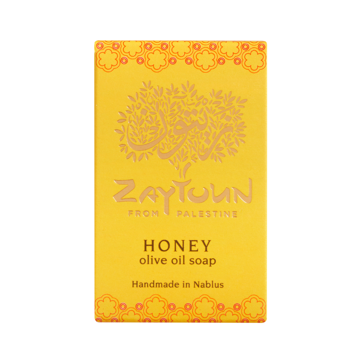Packaged Honey Olive Oil Soap with gold and orange design, labeled 'Zaytoun' and 'Honey olive oil soap, handmade in Nablus'.