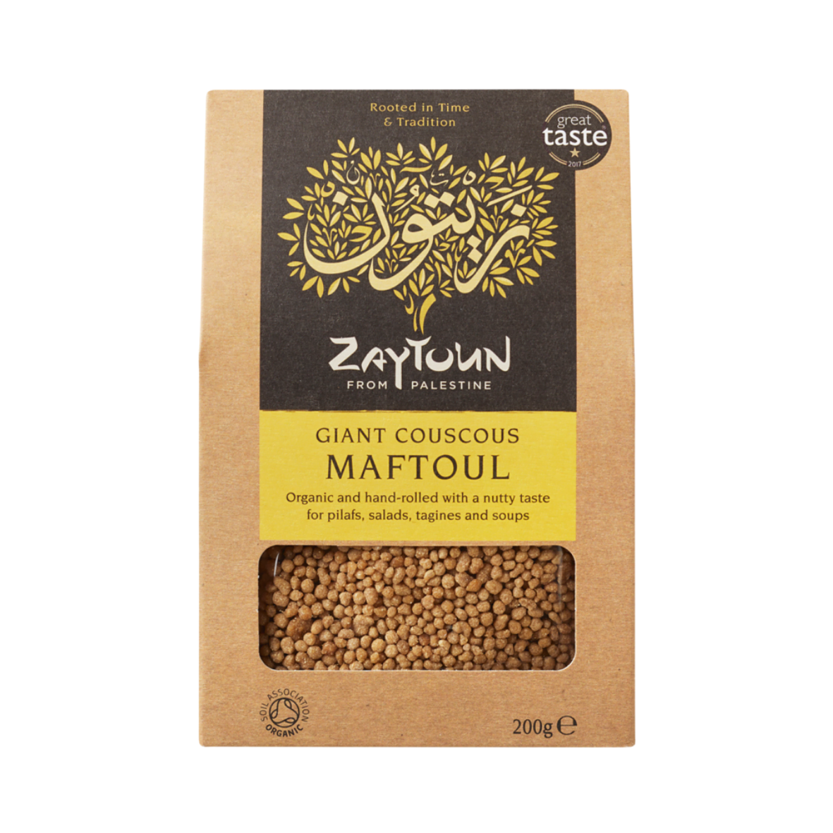 Packaging of Zaytoun Giant Couscous Maftoul, showing the product name and a window revealing the couscous grains. The package is marked as organic and hand-rolled, with a net weight of 200g.