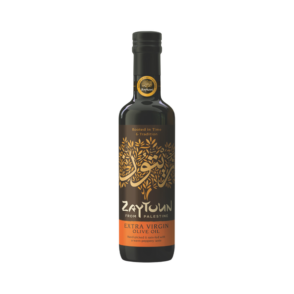 A bottle of Zaytoun Extra Virgin Olive Oil from Palestine with a black cap and a label featuring the brand name and olive branch design.