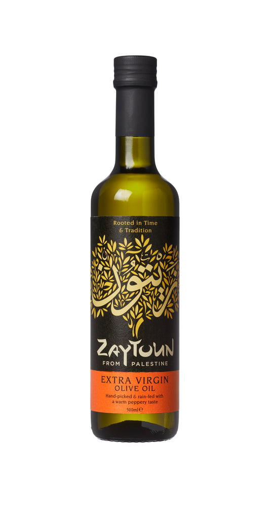 A bottle of Zaytoun extra virgin olive oil from Palestine on a white background.
