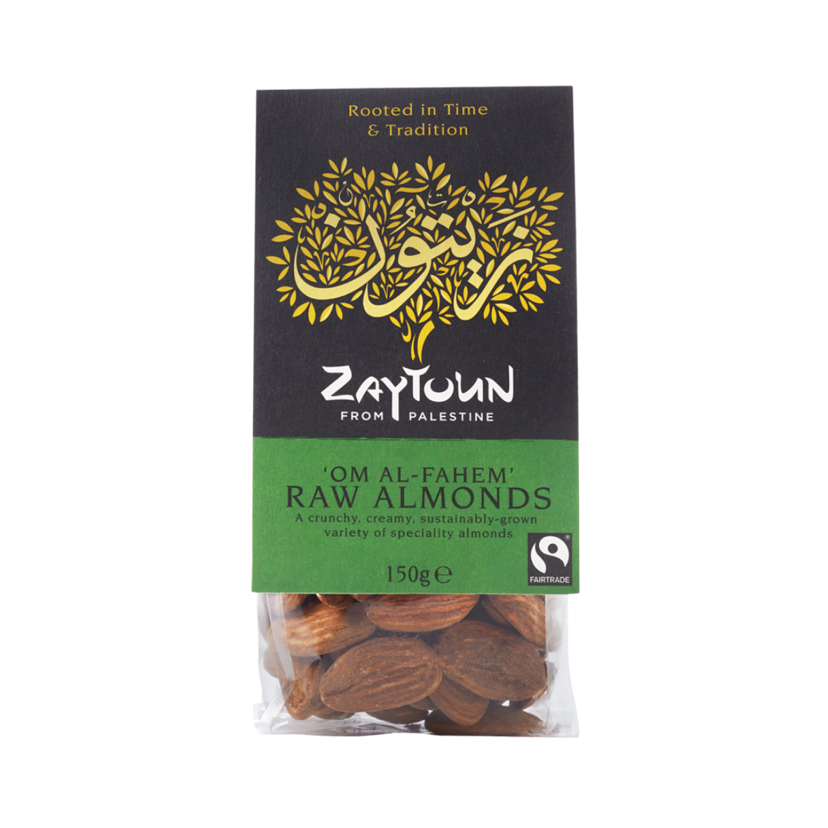 Packaging of Zaytoun 'Om al-Fahem' raw almonds, showing the almonds through a transparent window and the brand logo with text.