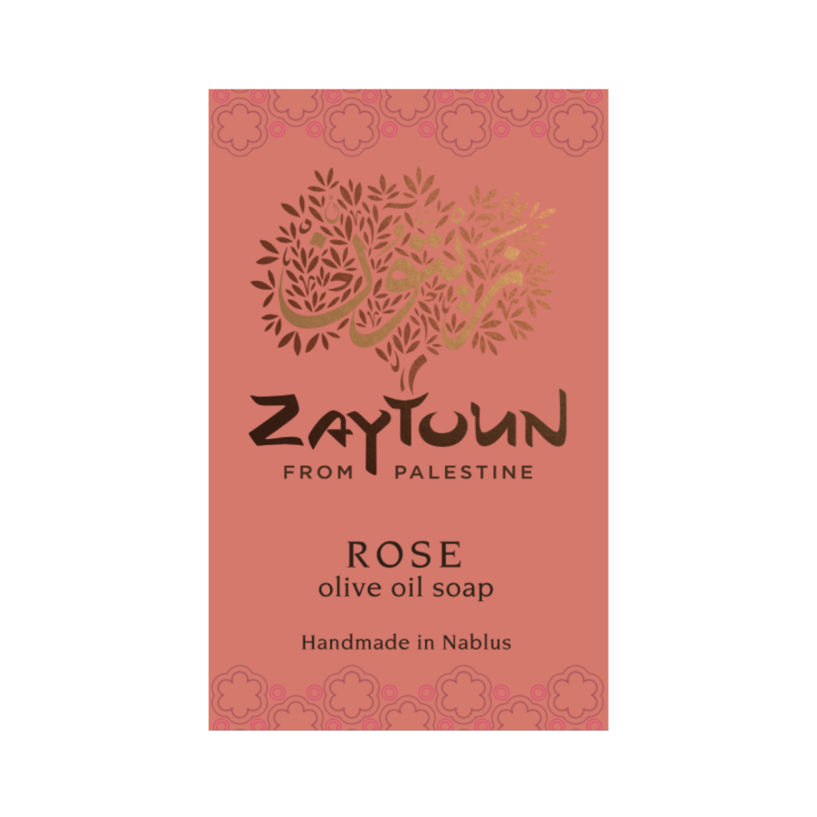 Zaytoun Rose olive oil soap packaging with floral design on a pink background