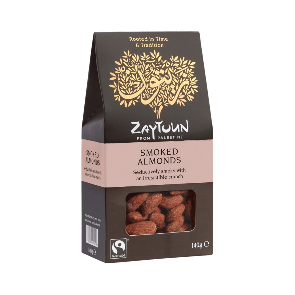 Packaging of Zaytoun Smoked Almonds, showing the almonds through a transparent window, with Palestinian origins and Fairtrade certification indicated.