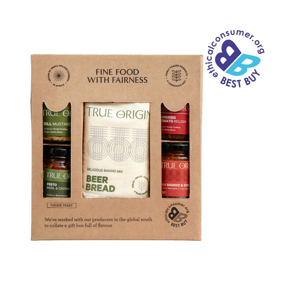 A boxed gift set from True Origin Fine Food with Fairness, in a brown kraft paper box. A 'Best Buy' badge from ethical consumer magazine.