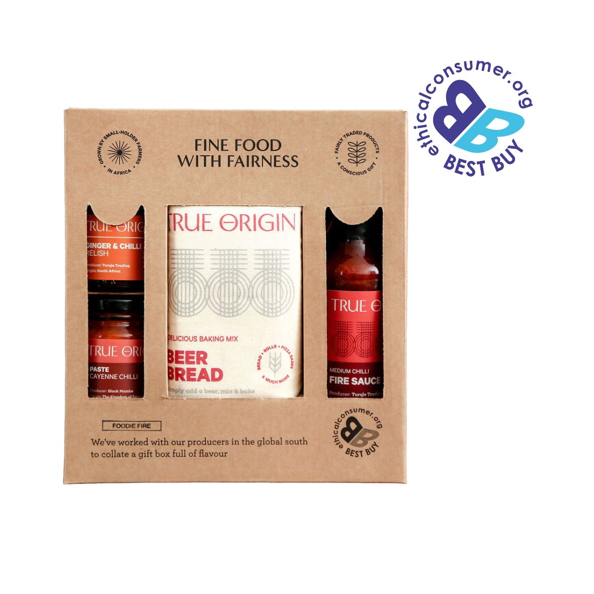 A True Origin gift set in a brown kraft paper box. A 'Best Buy' badge from ethical consumer magazine.