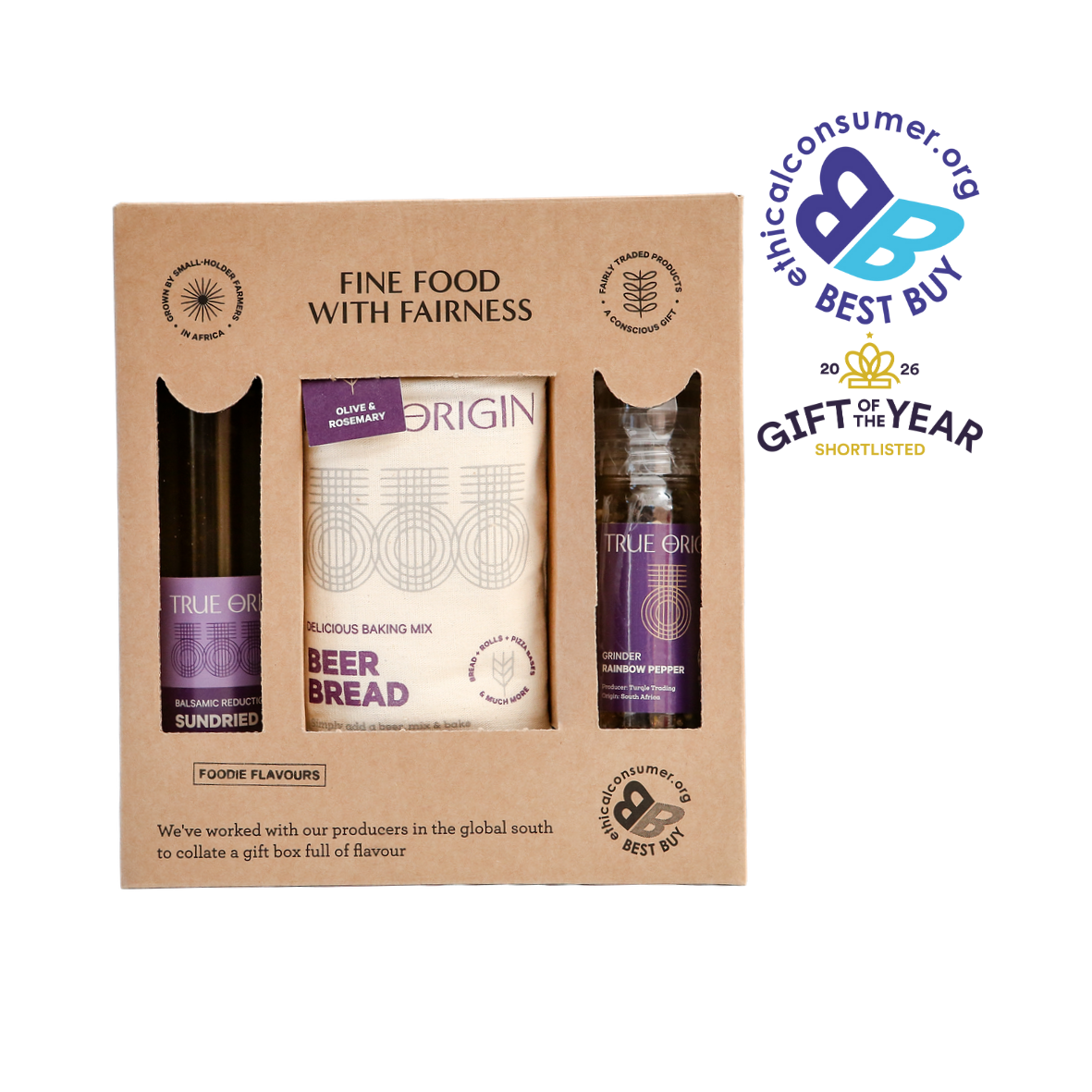 Gift set with True Origin products in a cardboard box, featuring ethical consumer award, and Gift of the Year 2026 award logos on a white background.