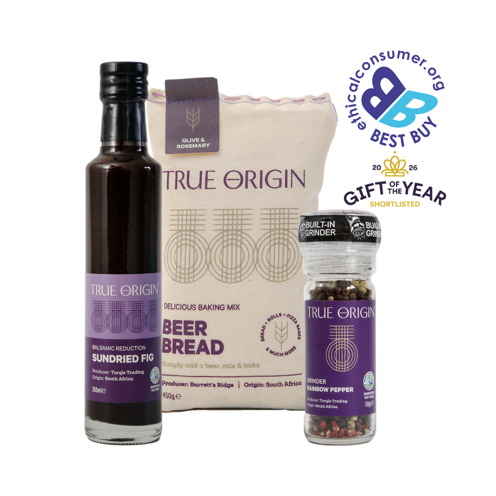 True Origin Foodie Flavours products, featuring ethical consumer award, and Gift of the Year 2026 award logos on a white background.