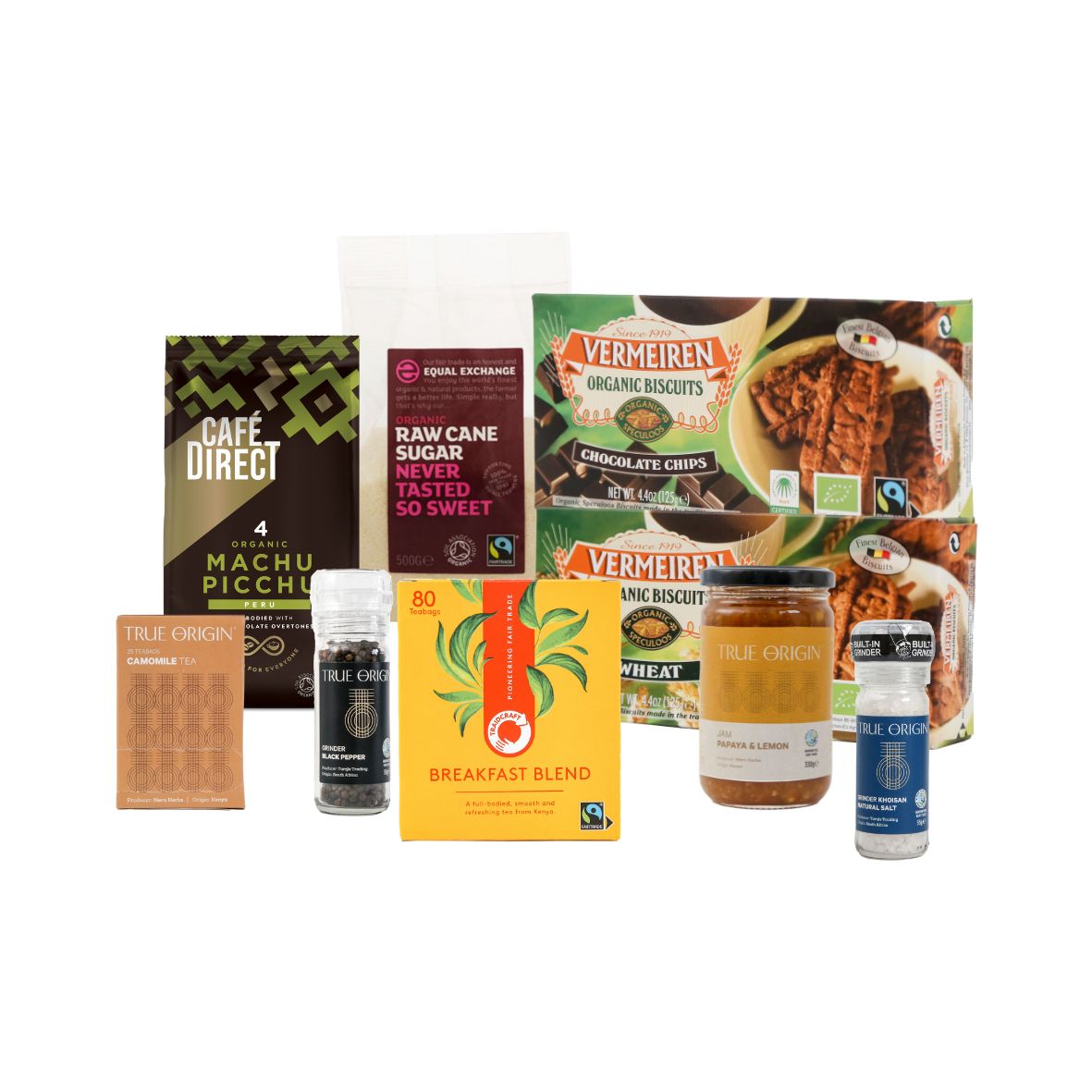 Collection of various food and beverage products on a white background.  These  products will be in the Essentials Selection Hamper.