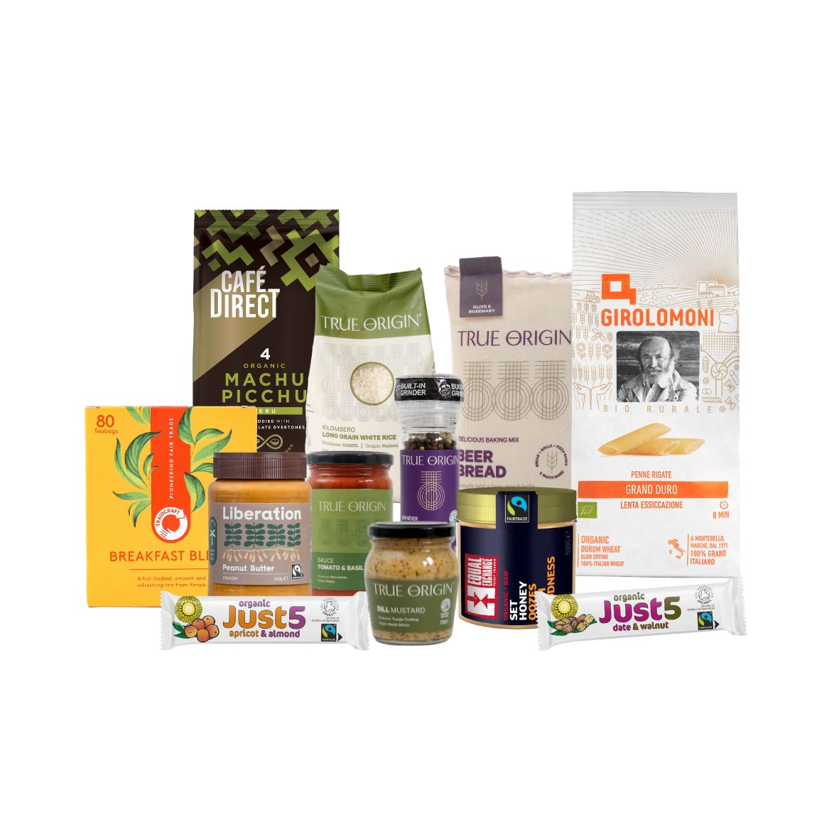 Collection of various food and beverage products on a white background.  These  products will be in the Family Selection Hamper.