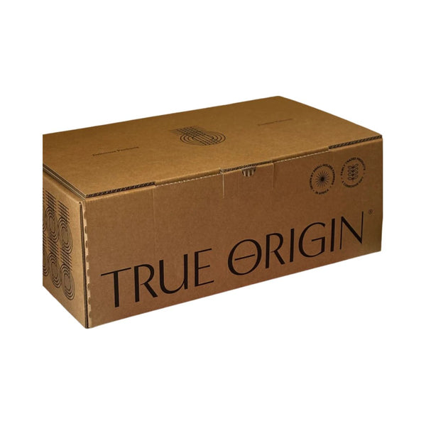 A brown cardboard box with 'TRUE ORIGIN' printed in black on the front, photographed on a plain white background.