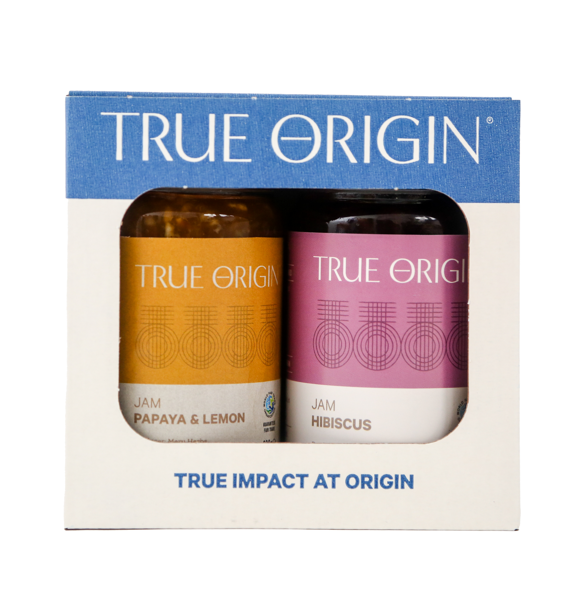 A True Origin branded tropical duo gift set containing Papaya & Lemon Jam and Hibiscus Jam.  