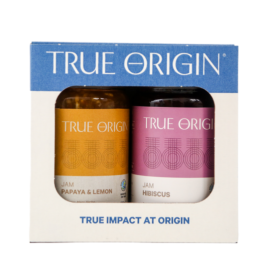 A True Origin branded tropical duo gift set containing Papaya & Lemon Jam and Hibiscus Jam.  