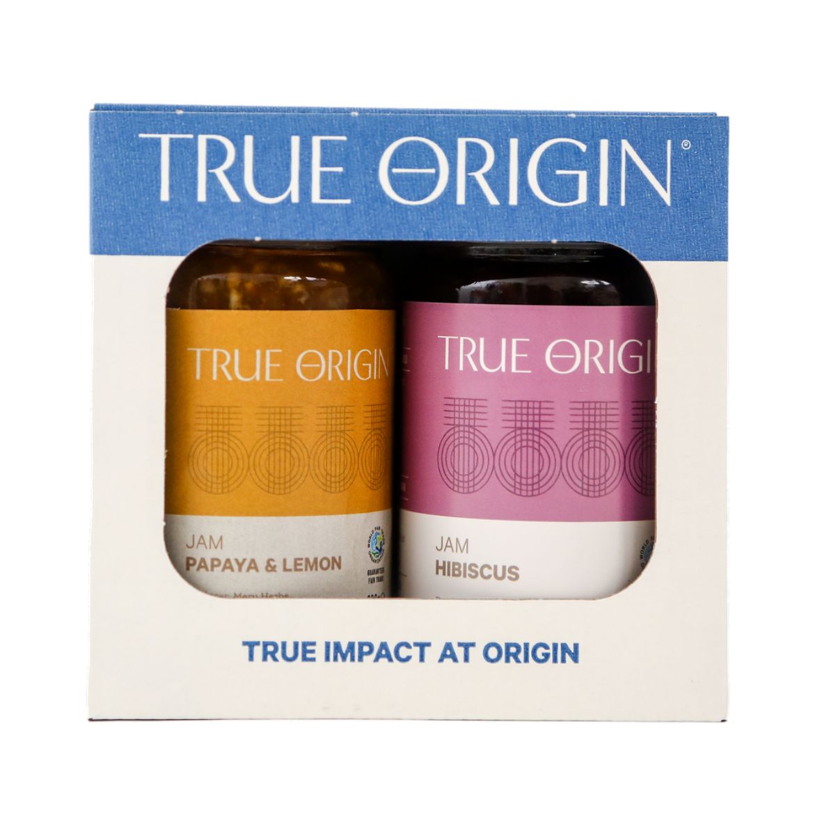 A True Origin branded tropical duo gift set containing Papaya & Lemon Jam and Hibiscus Jam.  