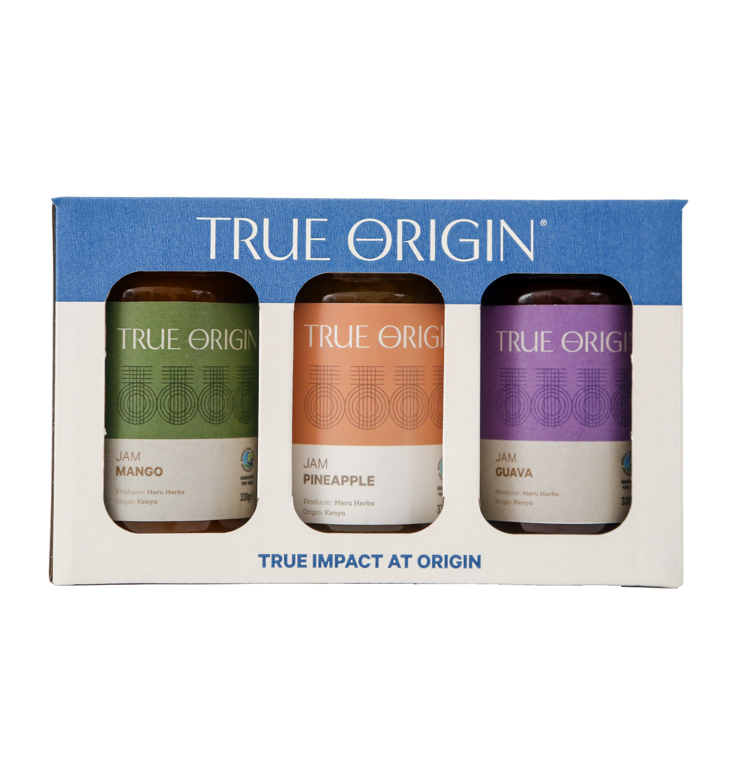 A gift set box containing three jars of True Origin brand jams: Guava Jam, Pineapple Jam, and Mango Jam, each with a clear label showing the flavor and 'True Impact at Origin' text.