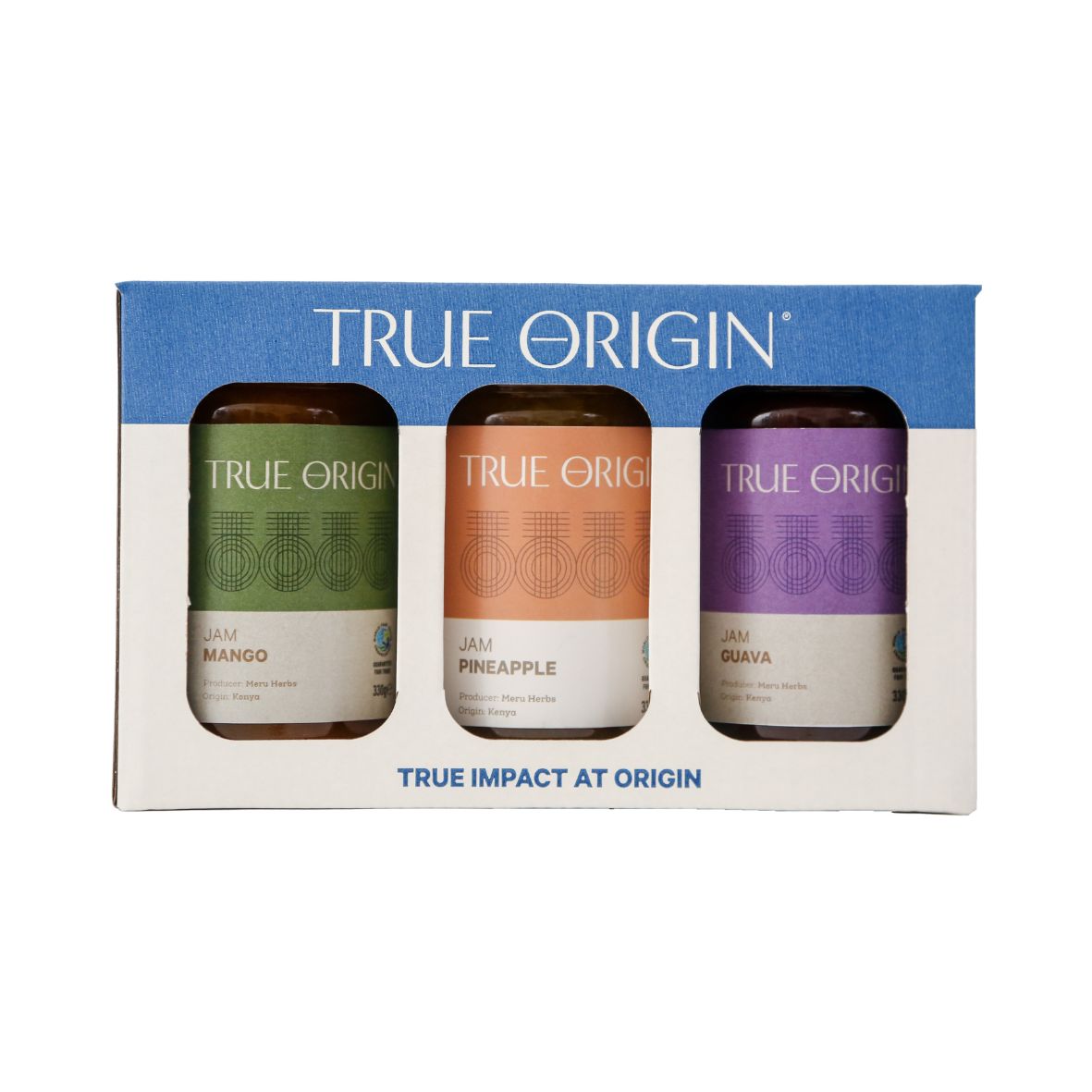 True Origin brand jams: Guava Jam, Pineapple Jam, and Mango Jam, each with a clear label showing the flavour and 'True Impact at Origin' text.  The gift set is on a white background.