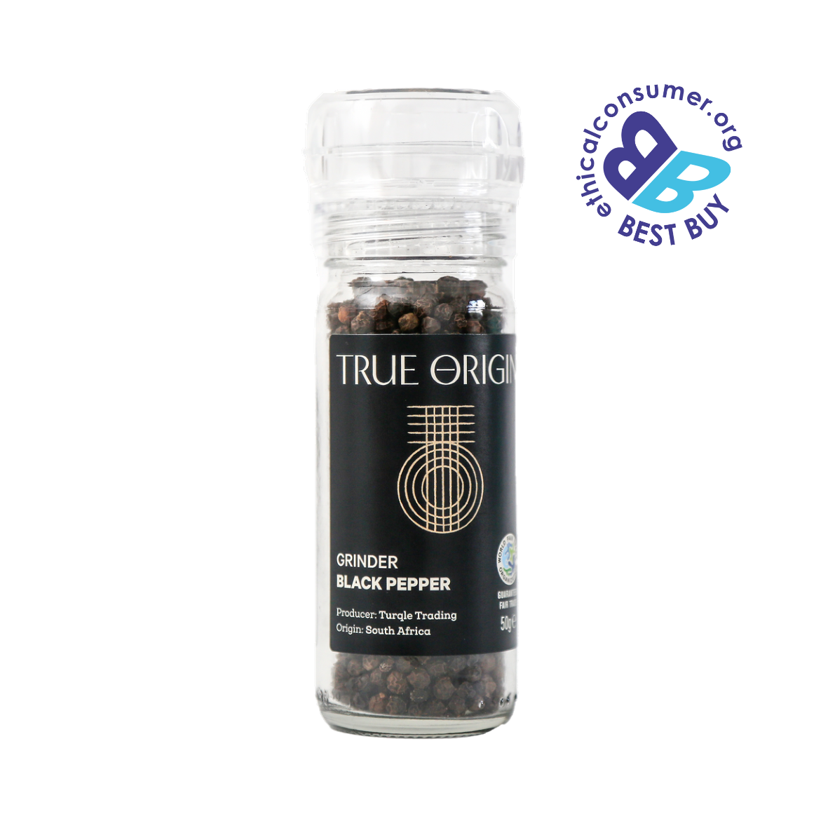 True Origin black pepper grinder with ethical consumer.org Best Buy logo on a white background
