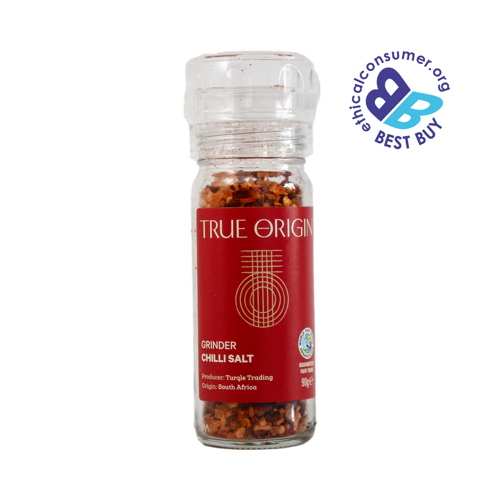 True Origin Chilli Salt grinder containing a blend of chilli flakes and salt crystals with a visible Ethical Consumer.org Best Buy badge on a white background.