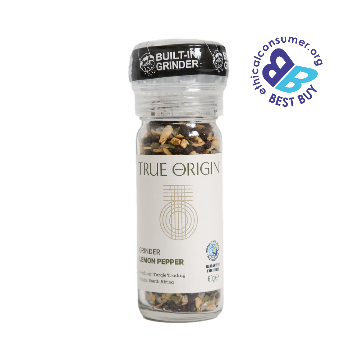 Lemon Pepper grinder labelled 'True Origin' with a 'Built-In-Grinder' feature on a white background.