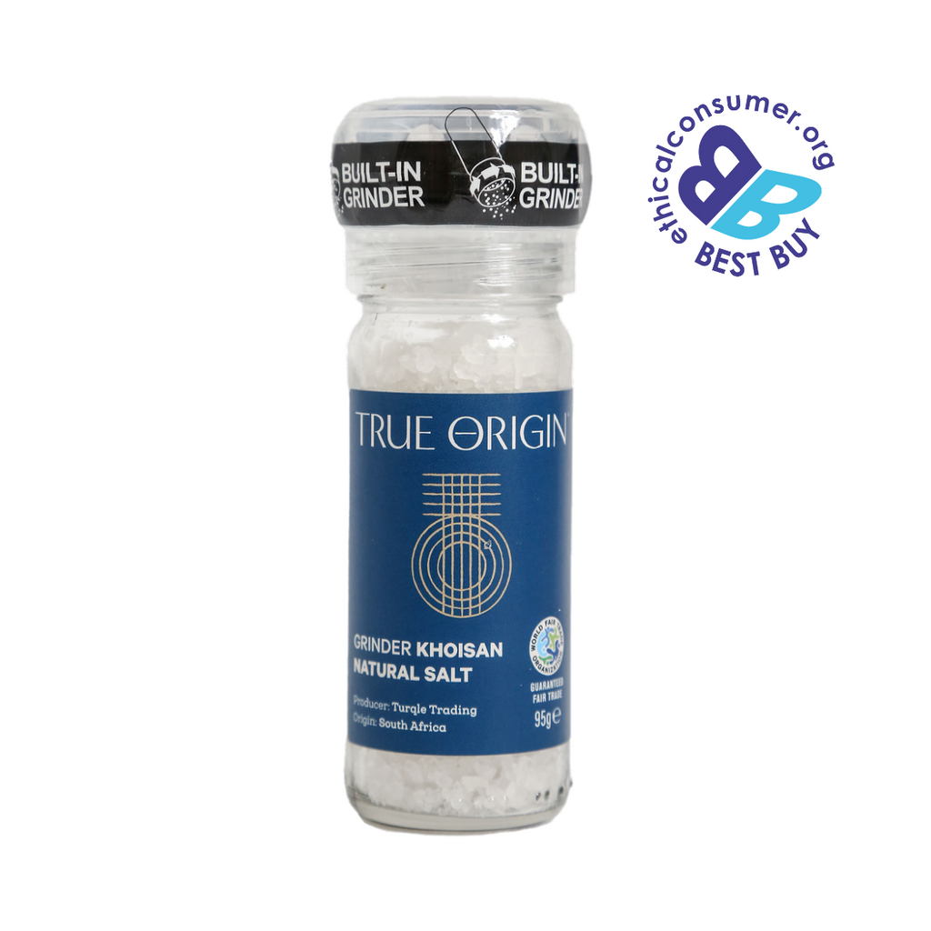 Jar of True Origin khoisan pure natural salt grinder with a visible brand logo on a white background