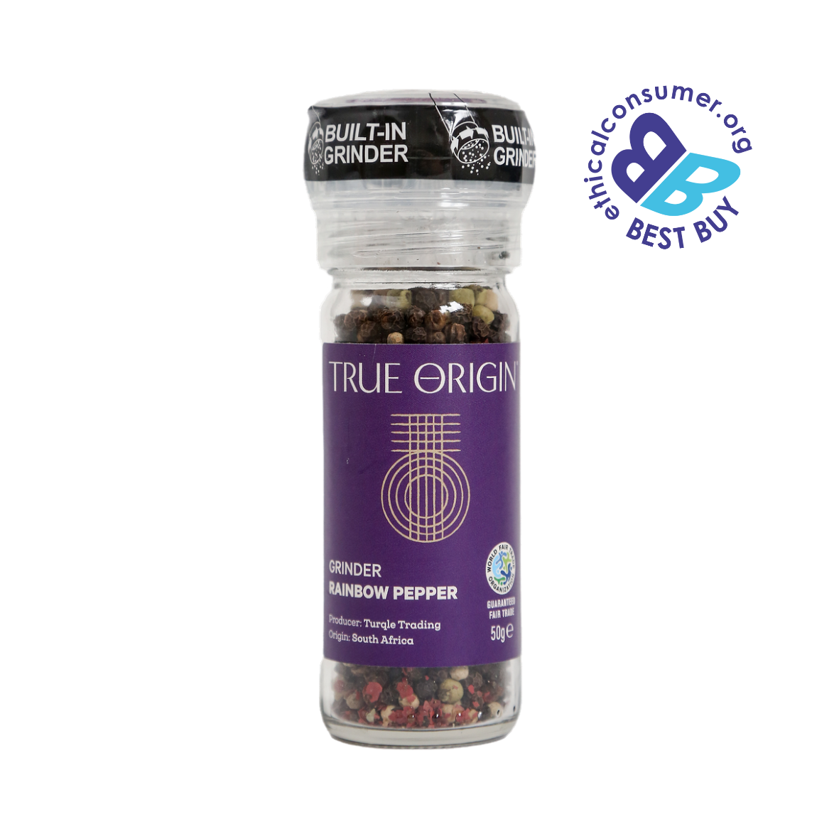 True Origin rainbow pepper grinder with a visible 'Ethical Consumer' Best Buy badge on a white background.